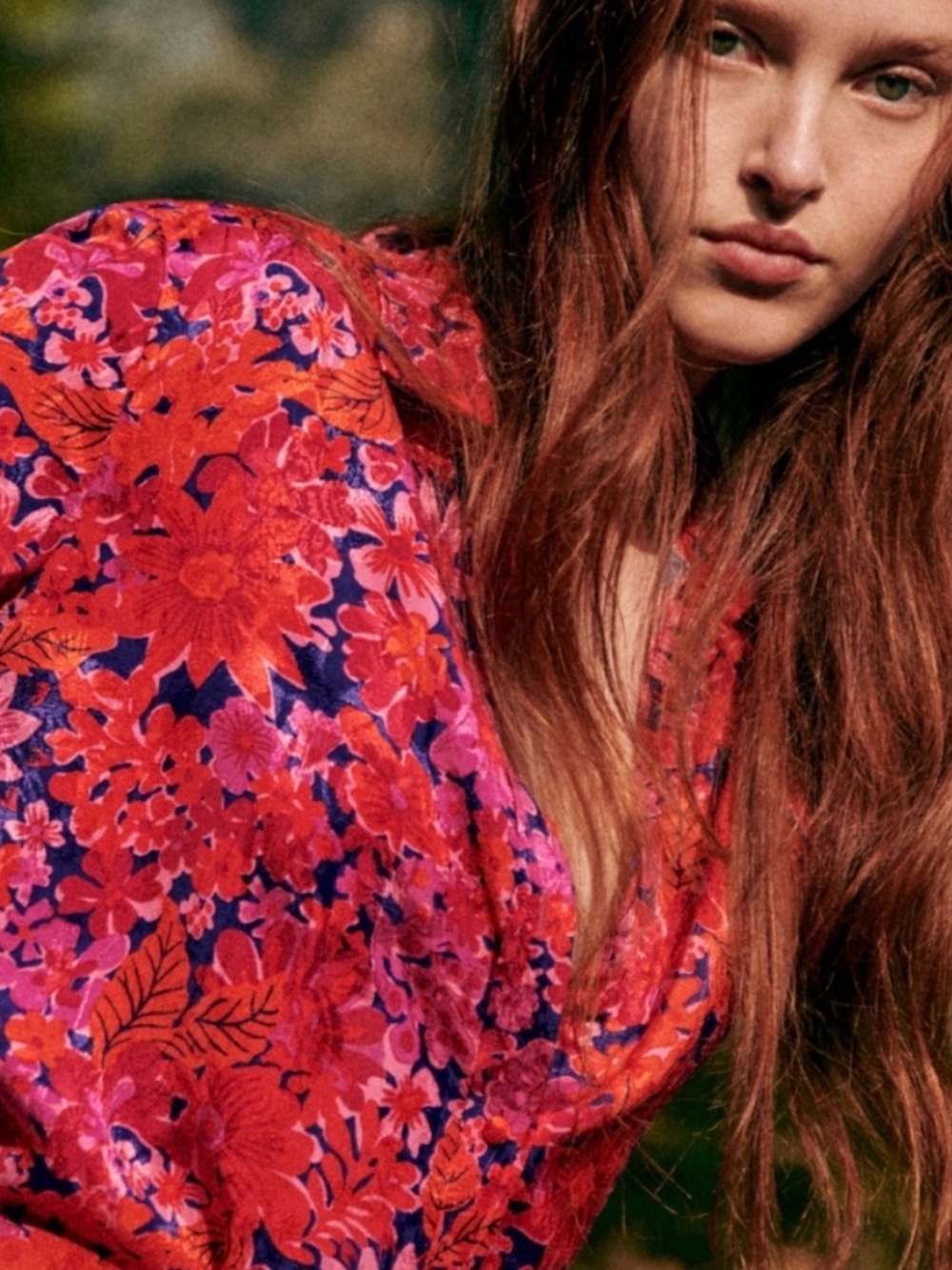 Sezane Floral Button-Up Blouse in Red and Pink